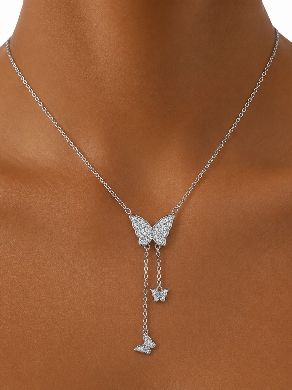 Guess Silver Pavé Butterfly Drop Necklace